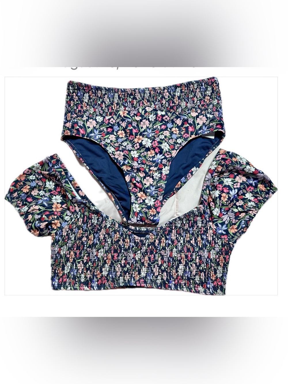 NWT Anthropologie Navy Floral Smocked Bikini Set